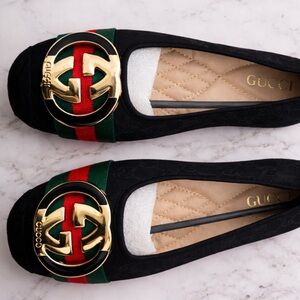 Gucci Black Flats with Gold and Green Red Detail